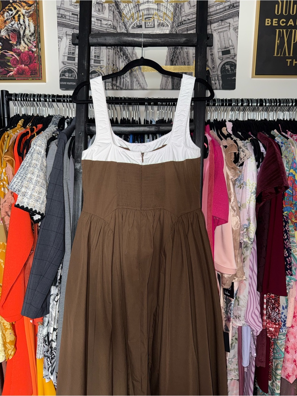 Moon River Two Tone Drop Waist Peekaboo Midi Dress Brown White Women’s Large - Picture 6 of 12